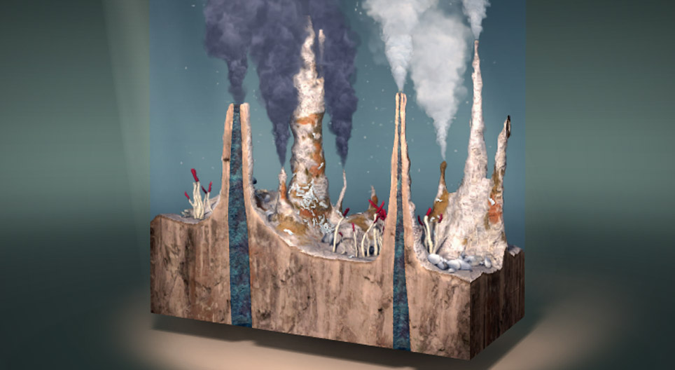 Fuentes hidrotermales oceánicas profundas - escena en 3D - Educación