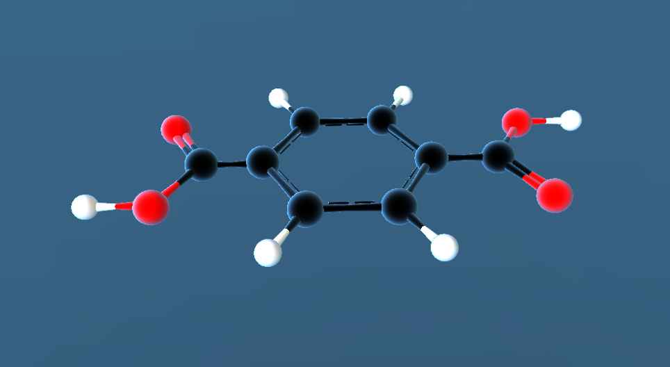 Ácido tereftálico (C₆H₄(COOH)₂) escena en 3D Educación digital y