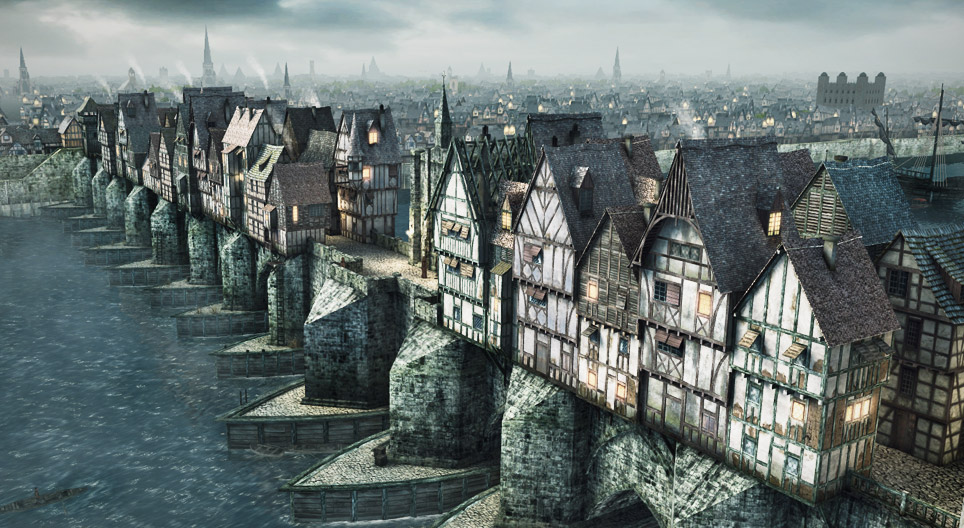 中世の居住された橋 ロンドン橋 16世紀 3dシーン Mozaikデジタル教育と勉強