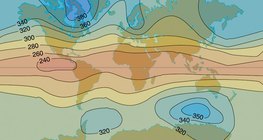 Распределение озона в нижних слоях атмосферы Земли (единица Добсона)