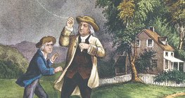 Бенджамин Франклин и его сын «заземляют небесные молнии»