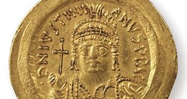 Imagen de Justiniano I, emperador del Imperio Bizantino (527-565) en una moneda