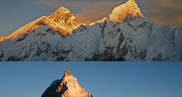 Bình minh trên đỉnh Everest (trên cùng bên trái) và trên Matterhorn