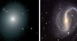 Una galaxia elíptica (izquierda), espiral (centro) y de forma irregular