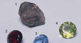 Корунд (1), рубин (2) и сапфир (3, 4)